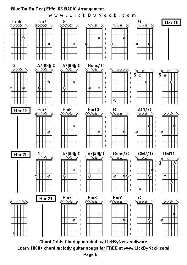 Chord Grids Chart of chord melody fingerstyle guitar song-Blue(Da Ba Dee)-Eiffel 65-BASIC Arrangement,generated by LickByNeck software.